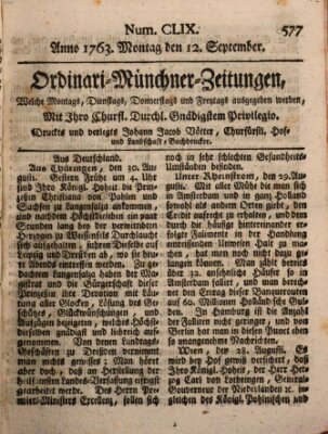 Ordinari-Münchner-Zeitungen (Süddeutsche Presse) Montag 12. September 1763