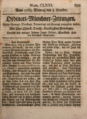 Ordinari-Münchner-Zeitungen (Süddeutsche Presse) Montag 3. Oktober 1763