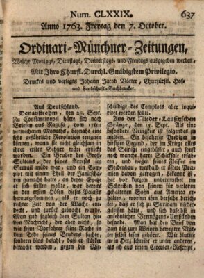 Ordinari-Münchner-Zeitungen (Süddeutsche Presse) Freitag 7. Oktober 1763