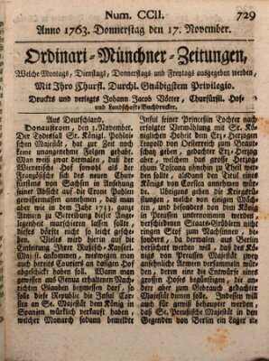 Ordinari-Münchner-Zeitungen (Süddeutsche Presse) Donnerstag 17. November 1763