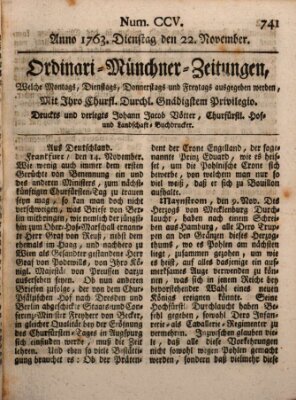 Ordinari-Münchner-Zeitungen (Süddeutsche Presse) Dienstag 22. November 1763