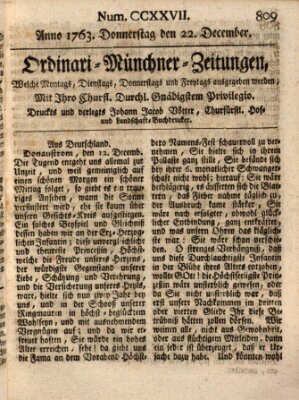 Ordinari-Münchner-Zeitungen (Süddeutsche Presse) Donnerstag 22. Dezember 1763