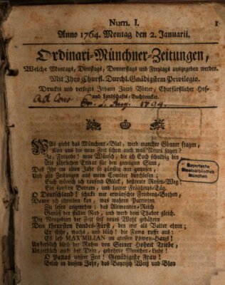 Ordinari-Münchner-Zeitungen (Süddeutsche Presse) Montag 2. Januar 1764