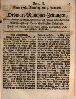 Ordinari-Münchner-Zeitungen (Süddeutsche Presse) Dienstag 3. Januar 1764