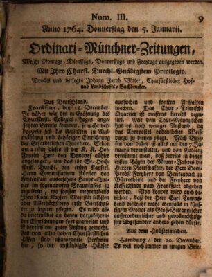 Ordinari-Münchner-Zeitungen (Süddeutsche Presse) Donnerstag 5. Januar 1764