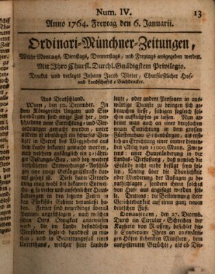 Ordinari-Münchner-Zeitungen (Süddeutsche Presse) Freitag 6. Januar 1764