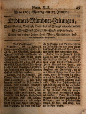 Ordinari-Münchner-Zeitungen (Süddeutsche Presse) Montag 23. Januar 1764