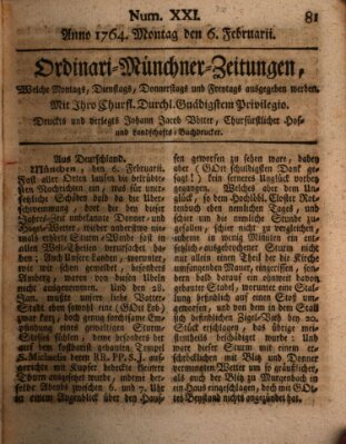 Ordinari-Münchner-Zeitungen (Süddeutsche Presse) Montag 6. Februar 1764