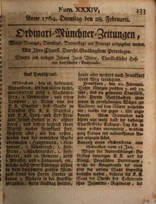 Ordinari-Münchner-Zeitungen (Süddeutsche Presse) Dienstag 28. Februar 1764