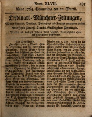 Ordinari-Münchner-Zeitungen (Süddeutsche Presse) Donnerstag 22. März 1764