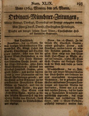 Ordinari-Münchner-Zeitungen (Süddeutsche Presse) Montag 26. März 1764