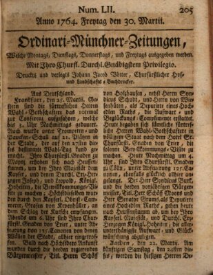 Ordinari-Münchner-Zeitungen (Süddeutsche Presse) Freitag 30. März 1764