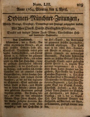 Ordinari-Münchner-Zeitungen (Süddeutsche Presse) Montag 2. April 1764