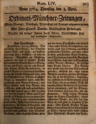 Ordinari-Münchner-Zeitungen (Süddeutsche Presse) Dienstag 3. April 1764