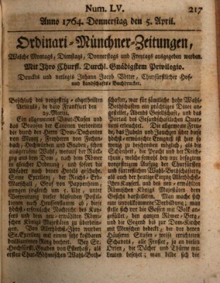 Ordinari-Münchner-Zeitungen (Süddeutsche Presse) Donnerstag 5. April 1764