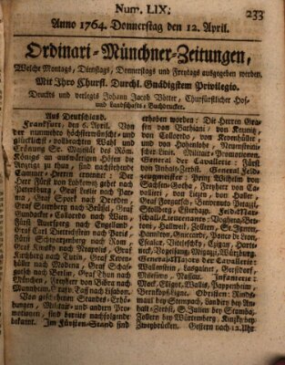 Ordinari-Münchner-Zeitungen (Süddeutsche Presse) Donnerstag 12. April 1764