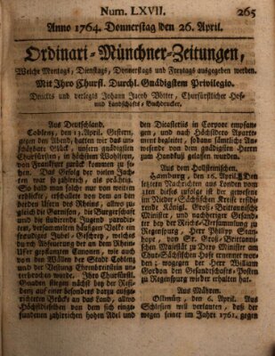 Ordinari-Münchner-Zeitungen (Süddeutsche Presse) Donnerstag 26. April 1764