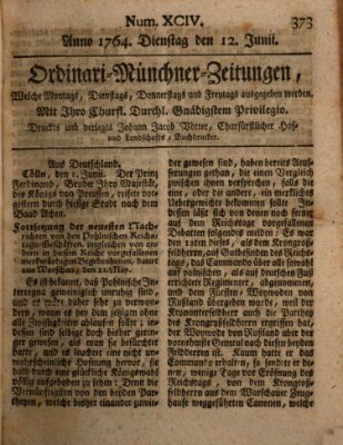 Ordinari-Münchner-Zeitungen (Süddeutsche Presse) Dienstag 12. Juni 1764