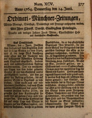 Ordinari-Münchner-Zeitungen (Süddeutsche Presse) Donnerstag 14. Juni 1764