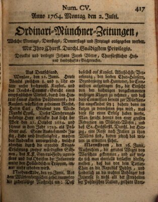 Ordinari-Münchner-Zeitungen (Süddeutsche Presse) Montag 2. Juli 1764