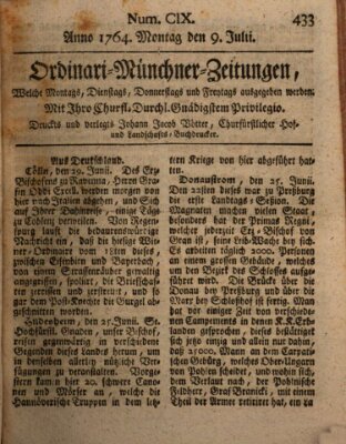 Ordinari-Münchner-Zeitungen (Süddeutsche Presse) Montag 9. Juli 1764