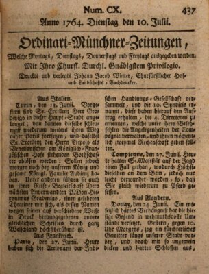 Ordinari-Münchner-Zeitungen (Süddeutsche Presse) Dienstag 10. Juli 1764