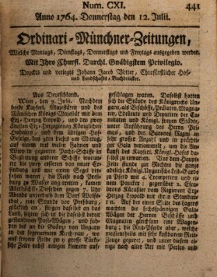 Ordinari-Münchner-Zeitungen (Süddeutsche Presse) Donnerstag 12. Juli 1764