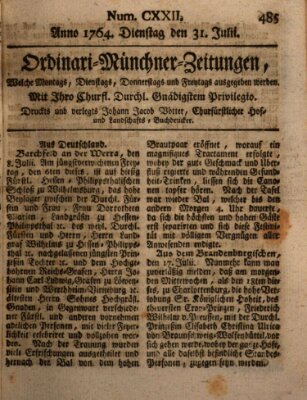 Ordinari-Münchner-Zeitungen (Süddeutsche Presse) Dienstag 31. Juli 1764