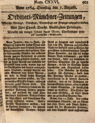 Ordinari-Münchner-Zeitungen (Süddeutsche Presse) Dienstag 7. August 1764