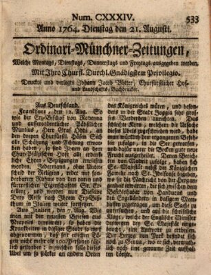 Ordinari-Münchner-Zeitungen (Süddeutsche Presse) Dienstag 21. August 1764