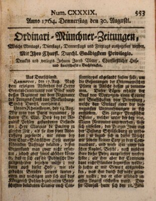 Ordinari-Münchner-Zeitungen (Süddeutsche Presse) Donnerstag 30. August 1764