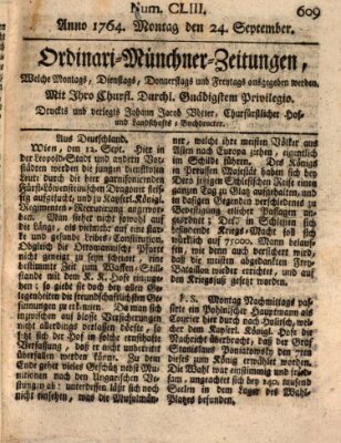 Ordinari-Münchner-Zeitungen (Süddeutsche Presse) Montag 24. September 1764