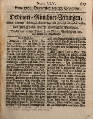 Ordinari-Münchner-Zeitungen (Süddeutsche Presse) Donnerstag 27. September 1764