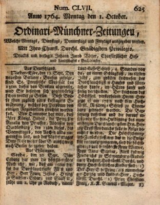 Ordinari-Münchner-Zeitungen (Süddeutsche Presse) Montag 1. Oktober 1764