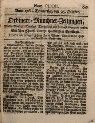 Ordinari-Münchner-Zeitungen (Süddeutsche Presse) Donnerstag 25. Oktober 1764