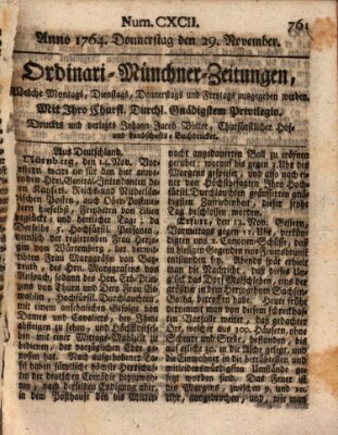 Ordinari-Münchner-Zeitungen (Süddeutsche Presse) Donnerstag 29. November 1764