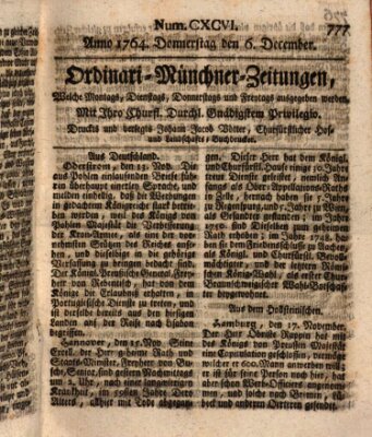 Ordinari-Münchner-Zeitungen (Süddeutsche Presse) Donnerstag 6. Dezember 1764