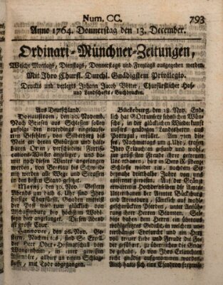 Ordinari-Münchner-Zeitungen (Süddeutsche Presse) Donnerstag 13. Dezember 1764