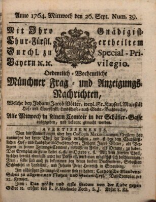 Ordinari-Münchner-Zeitungen (Süddeutsche Presse) Mittwoch 26. September 1764