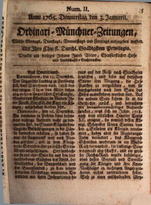 Ordinari-Münchner-Zeitungen (Süddeutsche Presse) Donnerstag 3. Januar 1765