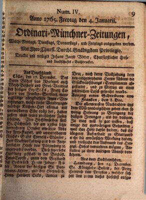 Ordinari-Münchner-Zeitungen (Süddeutsche Presse) Freitag 4. Januar 1765