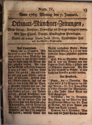 Ordinari-Münchner-Zeitungen (Süddeutsche Presse) Montag 7. Januar 1765