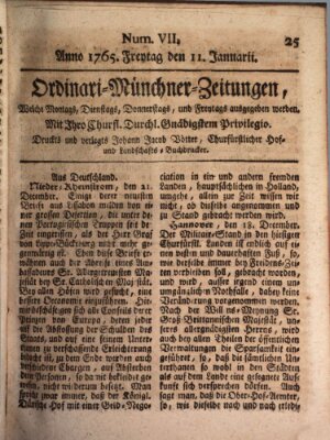 Ordinari-Münchner-Zeitungen (Süddeutsche Presse) Freitag 11. Januar 1765