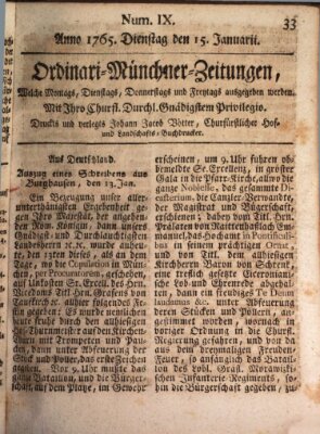 Ordinari-Münchner-Zeitungen (Süddeutsche Presse) Dienstag 15. Januar 1765