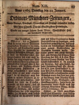 Ordinari-Münchner-Zeitungen (Süddeutsche Presse) Dienstag 22. Januar 1765