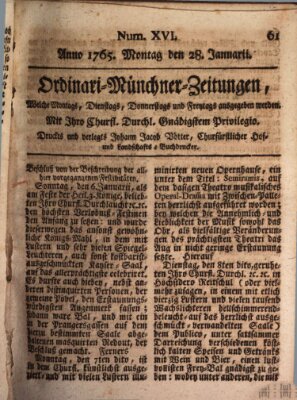 Ordinari-Münchner-Zeitungen (Süddeutsche Presse) Montag 28. Januar 1765