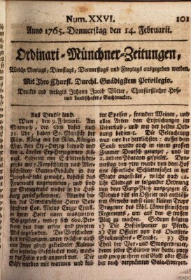 Ordinari-Münchner-Zeitungen (Süddeutsche Presse) Donnerstag 14. Februar 1765