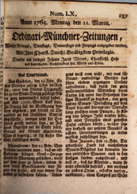 Ordinari-Münchner-Zeitungen (Süddeutsche Presse) Montag 11. März 1765