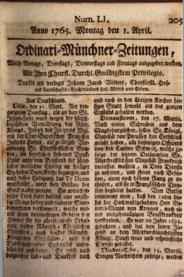 Ordinari-Münchner-Zeitungen (Süddeutsche Presse) Montag 1. April 1765