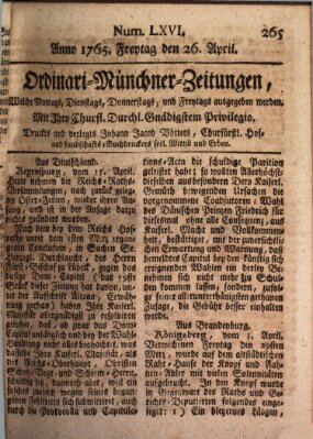 Ordinari-Münchner-Zeitungen (Süddeutsche Presse) Freitag 26. April 1765